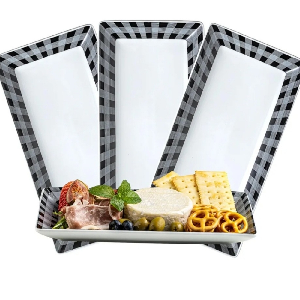 Set Of 4 Black and White 12 Inch Checkered Rectangular Serving Platters